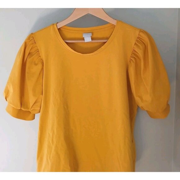 Chico's Puff Sleeve Top Size 2 Large Golden Yellow Cotton S/S Casual Mixed Media - Picture 2 of 9
